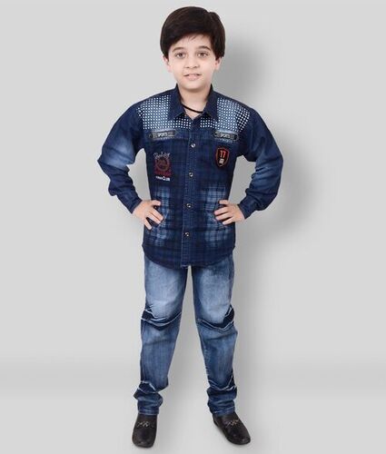 Casual Wear 4-10 Year Boys Embroidered Denim Shirt With Jeans