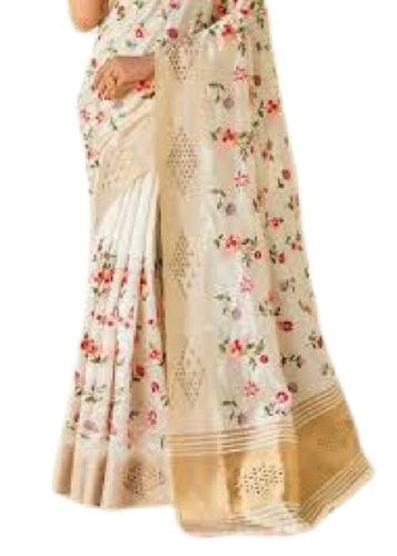 Party Wear Ladies Printed Off White Floral Design Assam Silk Saree