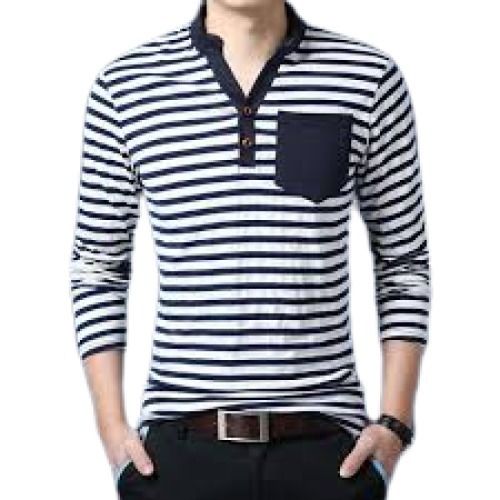 Black With White Striped Pattern Full Sleeve Style Causal Wear Pure Cotton T-Shirts