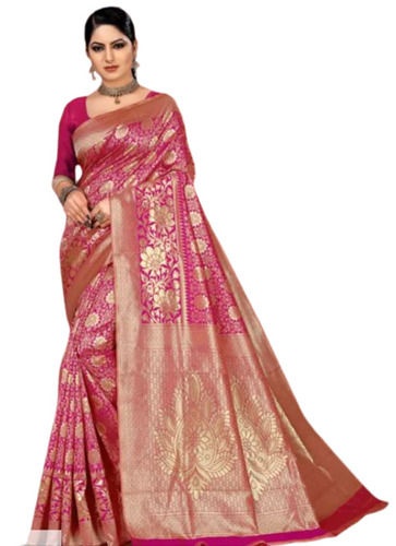 Pink Traditional Wear Light Weight Zari Work Printed Banarasi Saree With Blouse