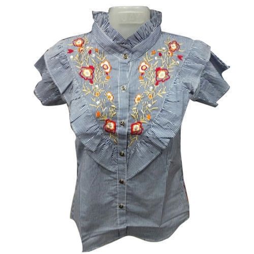 Embroidered Short Sleeves V-Neck Button Closure Breathable Light Weight Cotton Top For Ladies