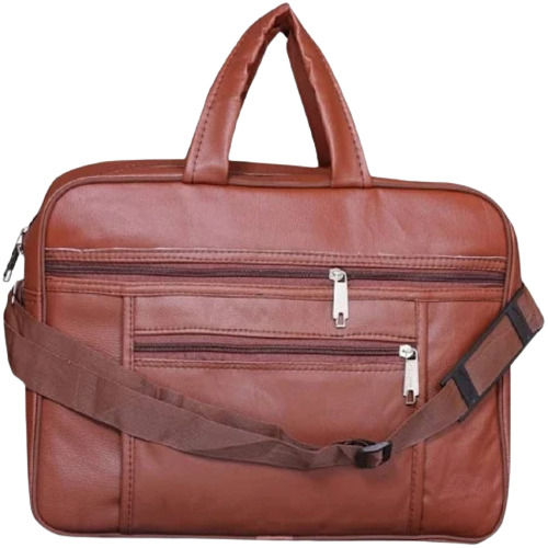 Dark Brown Plain Zip Closure Water Resistance Leather Office Laptop Bag With Adjustable Shoulder Strap