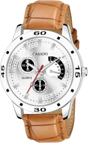 Silver Quartz Round Analog Display Mens Wrist Watch For Corporate Gift With Stitched Strap