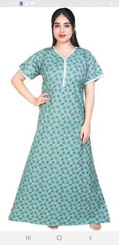 Women Comfortable Short Sleeve V Neck Green Cotton Night Gown