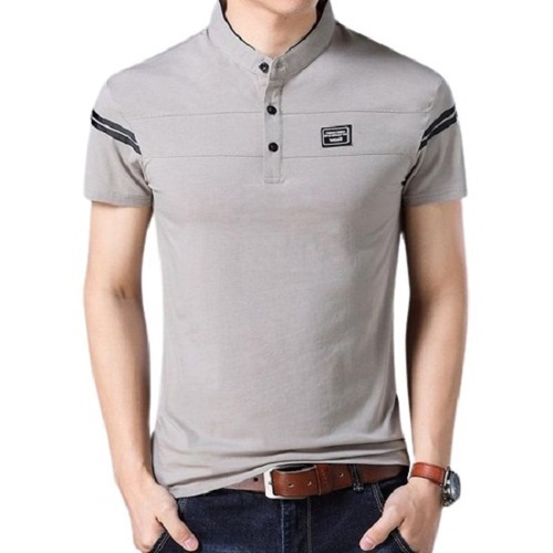 Casual Wear Short Sleeve Mandarin Neck Cotton-Blend T-Shirt for Men - Sizes XS, S, M, L, XL | Soft Grey Color, Stylish Polo Collar, Plain Pattern