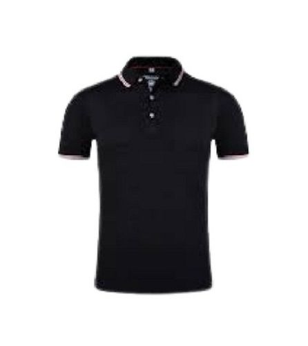 Black Casual Wear Short Sleeve Polo Neck Plain Cotton T-Shirt For Mens