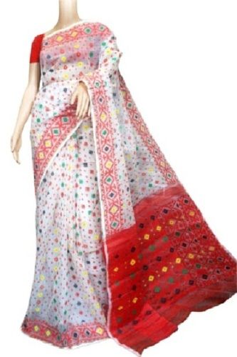 White With Red Casual Wear South Style Printed Design Jamdani Saree For Ladies