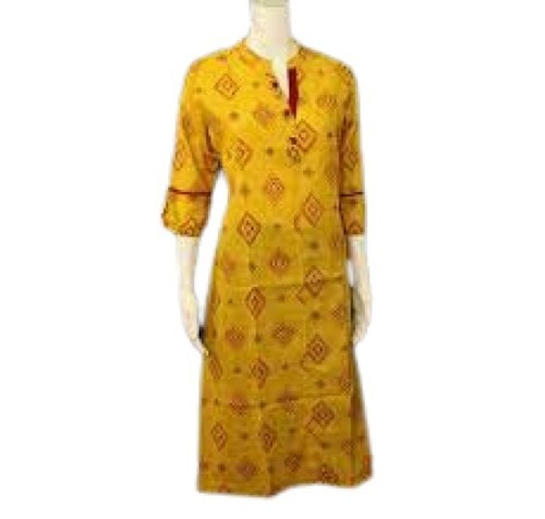Yellow With Red Causal Wear 3/4Th Sleeves Breathable Pure Cotton Kurti For Ladies