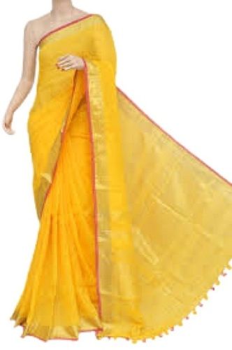 Yellow Daily Wear Handloom Cotton Saree With Blouse Piece For Ladies