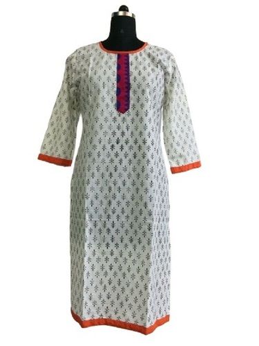 Ladies Printed Casual Wear Breathable Round Neck 3-4th Sleeve Cotton Kurti