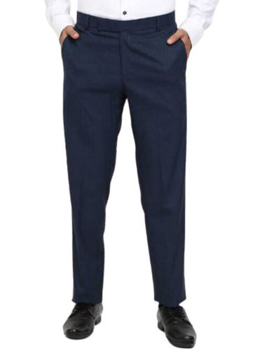 Dark Blue Mens Regular Fit Casual Wear Straight Plain Cotton Blend Formal Trouser