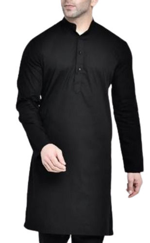 Black Casual Wear Long Sleeves Button Closure Plain Cotton Blend Kurta 