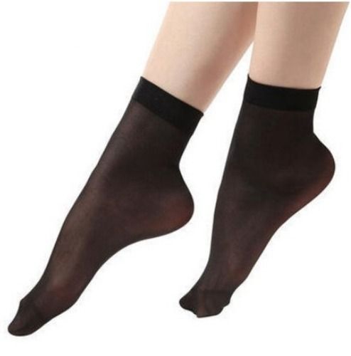 Black Comfortable And Soft Regular Fit Plain Silky Nylon Socks For Ladies