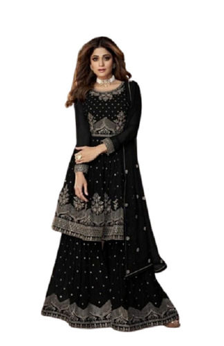 Black Dry Cleaning And Breathable 3-4Th Sleeves Embroided Georgette Palazzo Suit