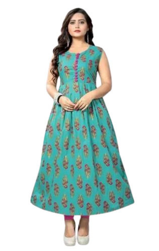 Festive Wear Sleeveless Printed Cotton Anarkali Kurti For Ladies Bust Size: 30 To 36 Inch (In)