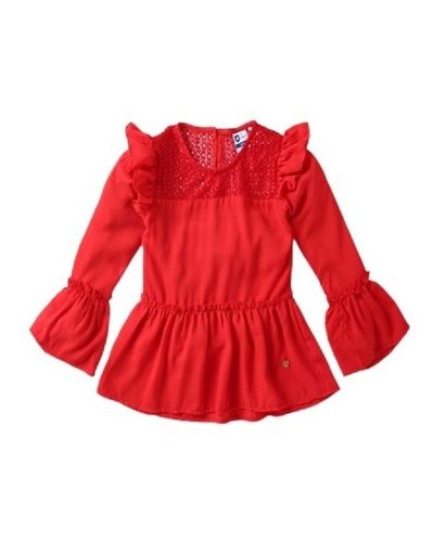 Red Ladies Plain Full Sleeve Round Neck Regular Fit Ruffle Top