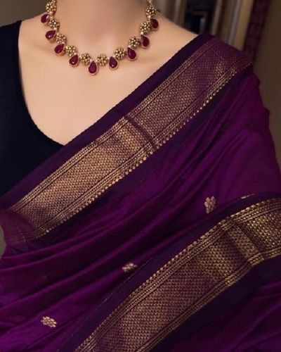 Purple With Golden Ladies Printed Border Design Bridal Wear South Style Arts Silk Saree