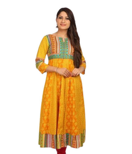 3/4th Sleeves Round Neck Casual Wear Printed Cotton Anarkali Kurti