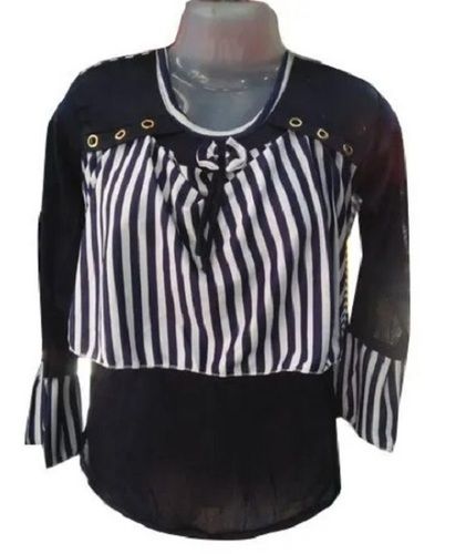 Black Casual Wear Round Neck Full Sleeve Striped Polyester Top For Women 