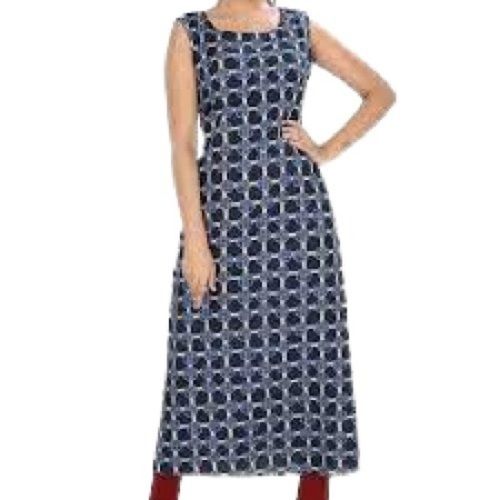 Breathable Ladies Blue With Black Printed Sleeveless Modern Cotton Kurtis