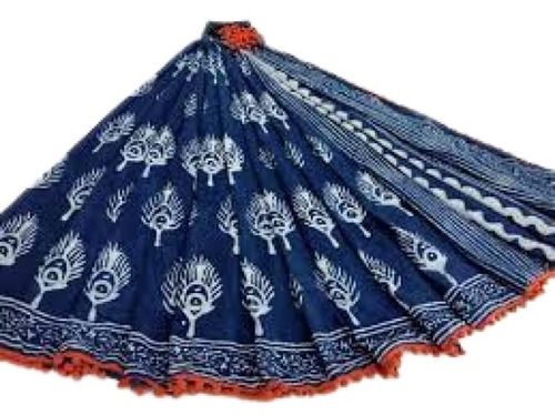 Navy Blue With Orange Ladies Casual Wear Printed Batik Print Cotton Saree