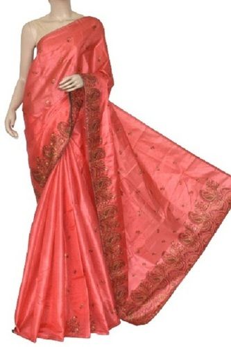 Peach Ladies Party Wear Lightweight Embroidered Art Silk Sarees