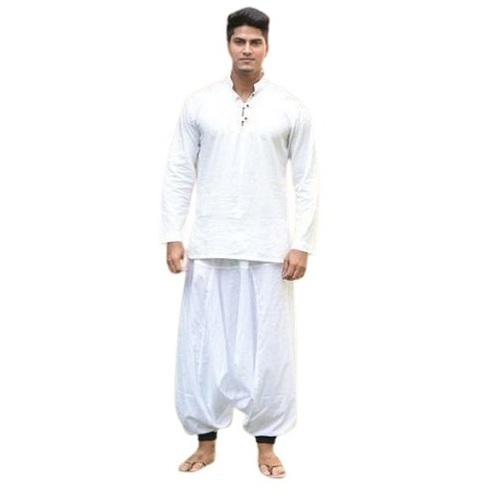 पुरुषों के लिए सफ़ेद लंबी स्लीव और ट्रेडिशनल वियर प्लेन कॉटन धोती कुर्ता