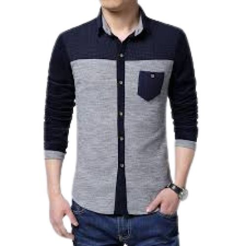 Grey With Navy Blue Men'S Multi Color Plain Pattern Pure Cotton Material Full Sleeve Kint Shirt