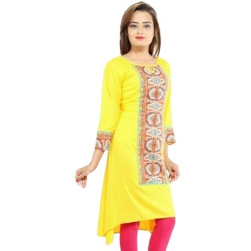 Yellow Multi Color Printed Round Neck 40 Inches Length Cotton Kurtis For Ladies