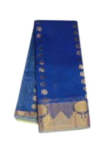 Blue With Golden Printed Pattern Party Wear Pure Cotton Material Silk Saree For Ladies