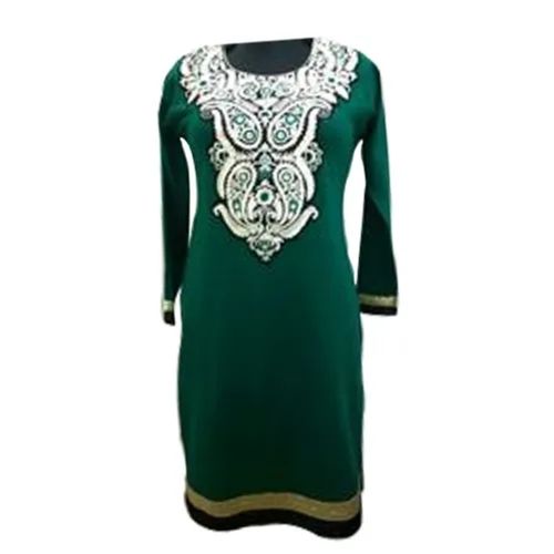 36 Inches Casual Wear Breathable Full Sleeves Round Neck Embroidered Cotton Kurti For Ladies 