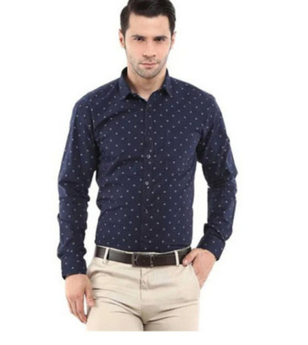 डार्क ब्लू कैज़ुअल वियर फुल स्लीव्स और क्लासिक कॉलर कॉटन प्रिंटेड शर्ट