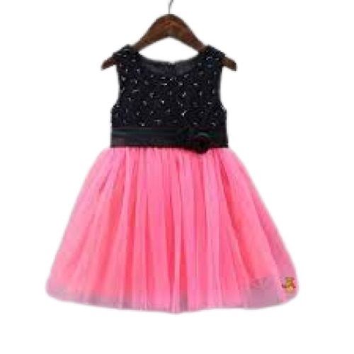 Pink And Black Kids Multi Color Round Neck Sleeveless Modern Frocks For Party Wear 