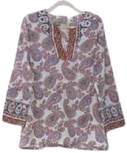 White With Brown Ladies Printed Full Sleeve Casual Wear Cotton Top