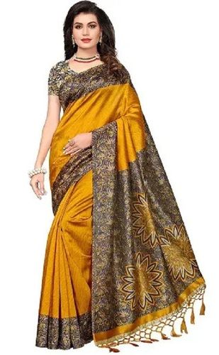 Yellow Light Weight And Traditional Printed Cotton Silk Saree With Blouse