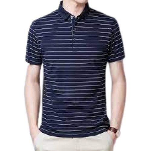 Casual Wear Polo Neck Short Sleeve Striped Cotton T-Shirt For Men