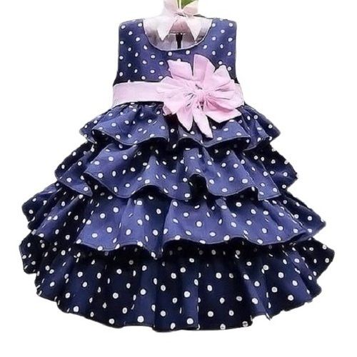 Navy Blue Kids Printed Sleeveless Breathable Soft And Comfortable Cotton Girl Frocks