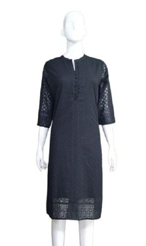 Navy Blue Ladies 3/4Th Sleeve Round Neck Casual Wear Plain Net Kurtis