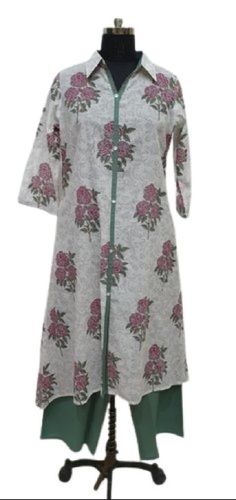 Grey With Pink Ladies Breathable 3/4Th Sleeve Printed Hand Blocked Cotton Kurti