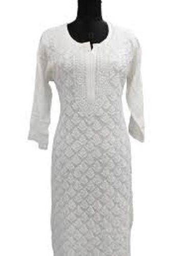 White Ladies Hand Embroidered Casual Wear 3/4Th Sleeve Chikan Kurtis