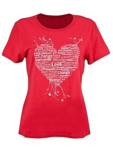 Red Ladies Printed Short Sleeve Daily Wear Round Neck Cotton T-Shirt