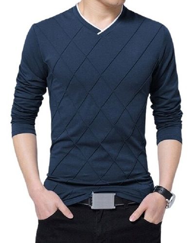 Blue Plain Long Sleeve V Neck Casual Wear Cotton T-Shirt For Men'S