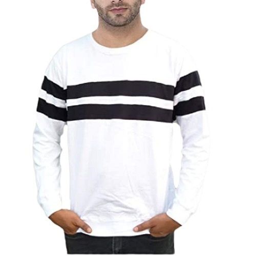 White Mens Striped Pattern Round Neck Long Comfortable Sleeve Pure Cotton T Shirt