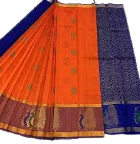 Orange With Blue Traditional Wear Fancy Trendy Stunning Printed Cotton Silk Saree For Women