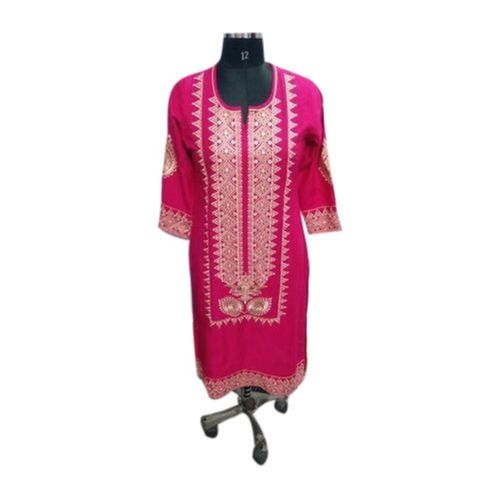 Trendy 3/4th Sleeves Ethnic Embroidered Rayon Kurti For Women