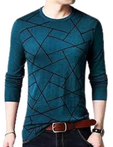 Green Casual Wear Long Sleeve Round Neck Printed Cotton T-Shirt For Mens