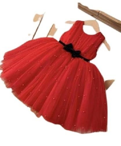 Red Kids Girl Sleeveless Round Neck Rayon Modern Frocks