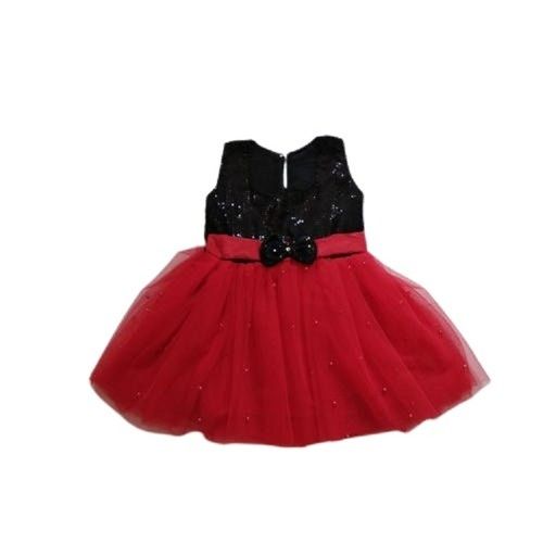 Red With Black Kids Sleeveless Breathable Washable Printed Stylish Fancy Modern Girl Frock