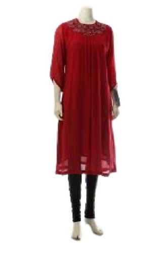 Red Casual Wear Breathable 3-4Th Sleeves Washable Long Chiffon Kurtis For Ladies