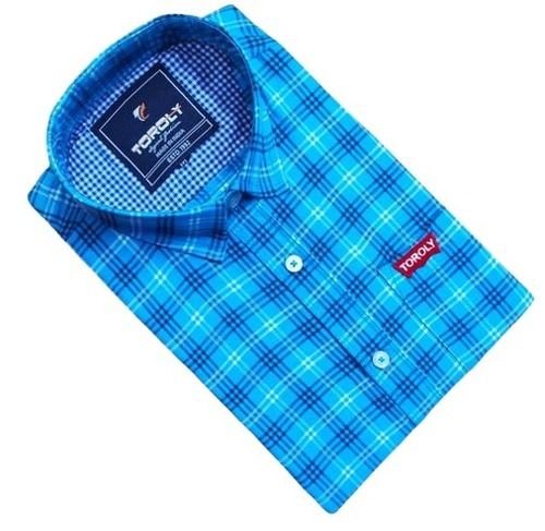 Light Blue Men Breathable Checked Comfortable Summer Season Full Sleeve Cotton Shirts